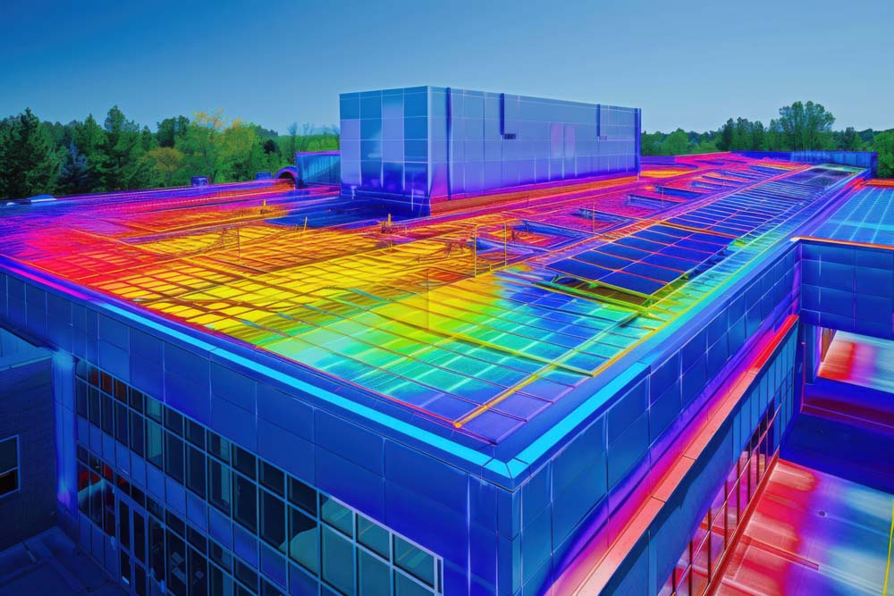thermographic image of a roof with a solar panel installation