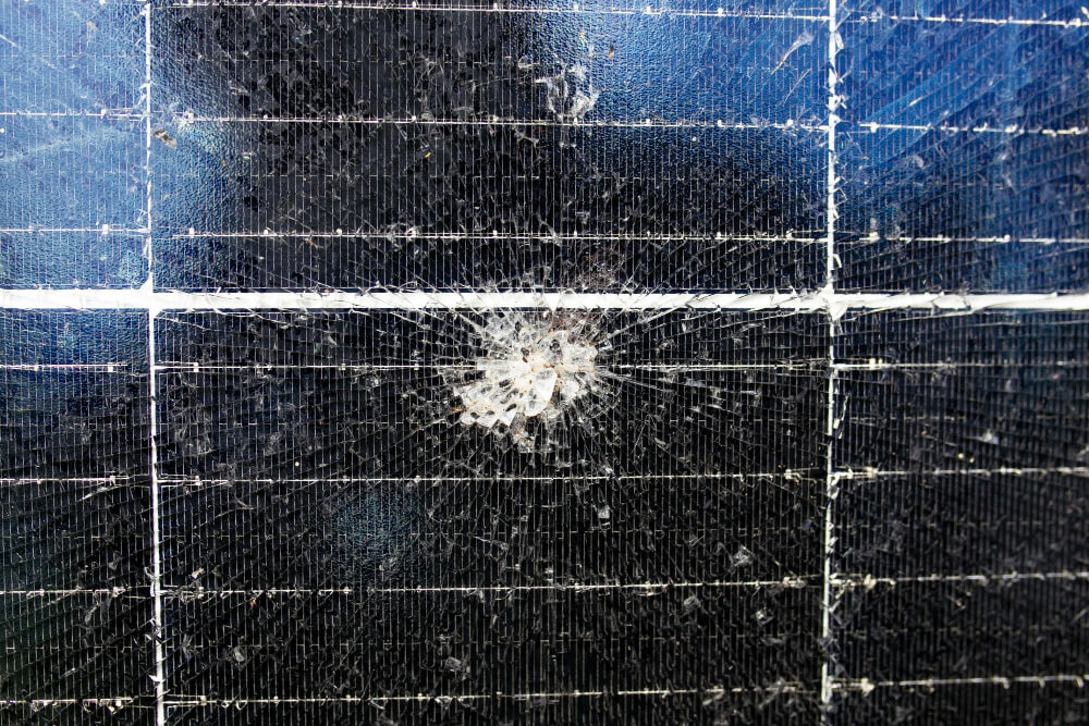 Close-up of a damaged solar panel with a large crack radiating from the center. Dark blue cells are visible, conveying a sense of vulnerability.
