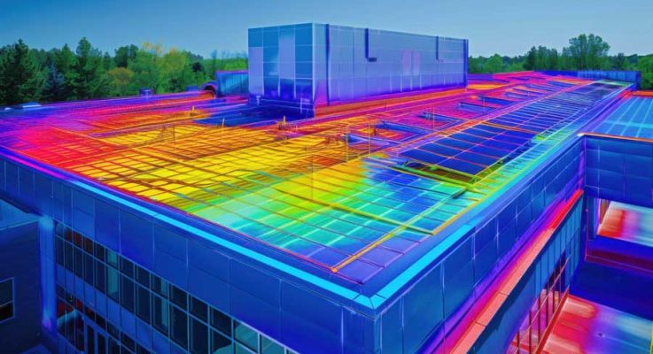 Thermal image displaying a building with a prominent roof, highlighting temperature variations across the structure.